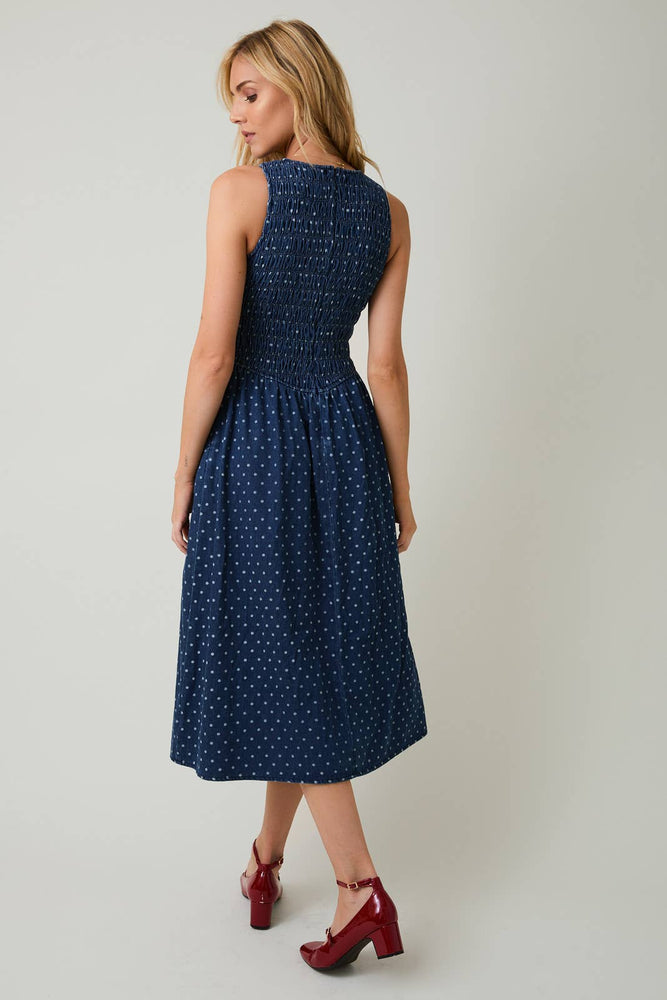 Casually Elevated Denim Polka Dot Dress