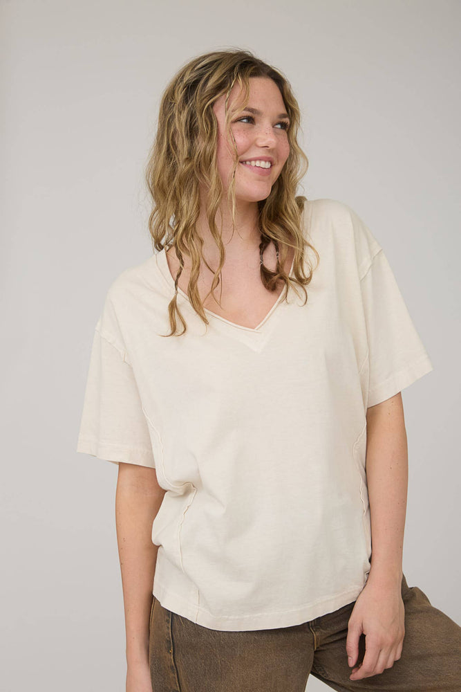 Daily Washed Raw Edge V Neck T Shirt
