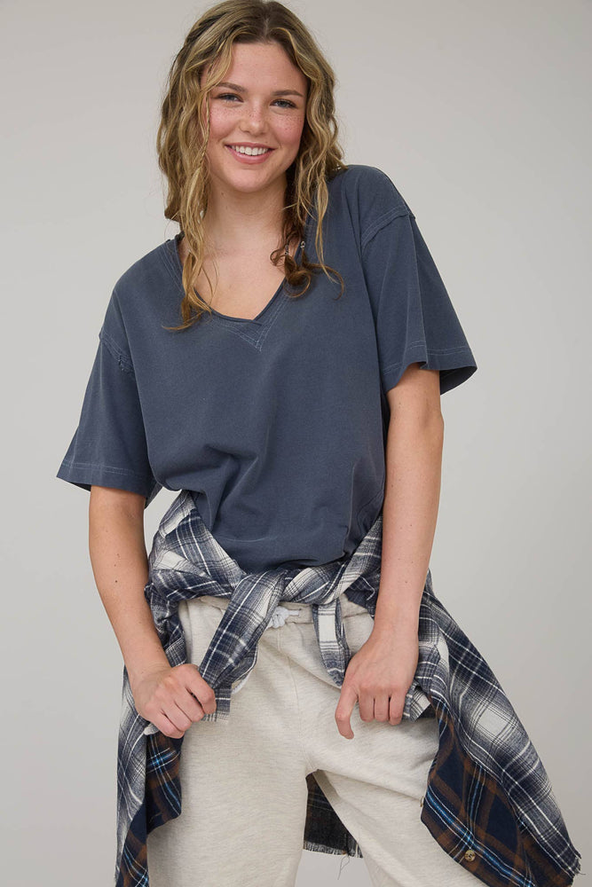 Daily Washed Raw Edge V Neck T Shirt