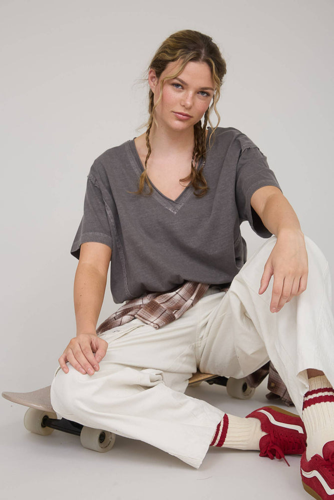 Daily Washed Raw Edge V Neck T Shirt
