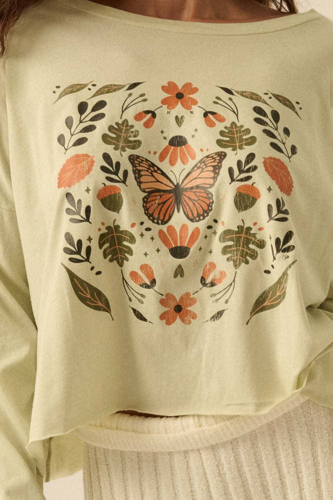 Butterfly + Flowers Crop Vintage-Wash Graphic Tee