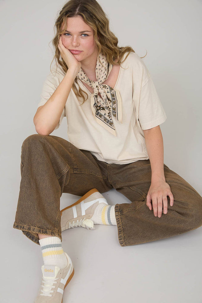 Daily Washed Raw Edge V Neck T Shirt