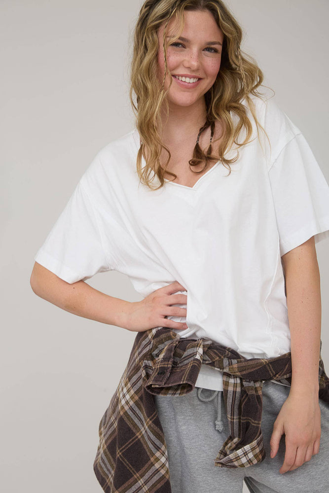 Daily Washed Raw Edge V Neck T Shirt