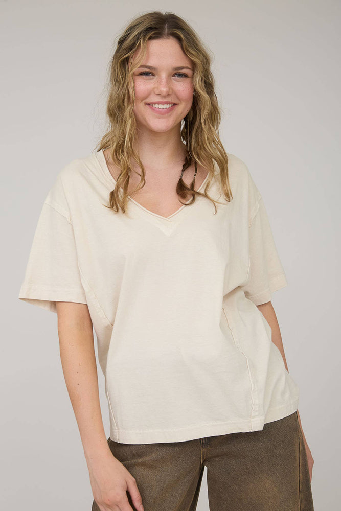 Daily Washed Raw Edge V Neck T Shirt