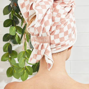 Extra Large Quick-Dry Hair Towel Wrap- Terracotta Checker